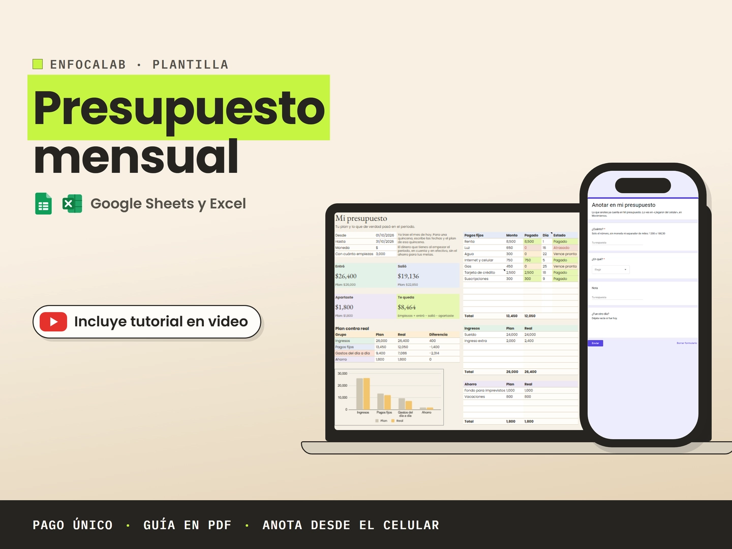 Presupuesto mensual: Mi presupuesto en una laptop y el formulario «Anotar en mi presupuesto» en un celular.