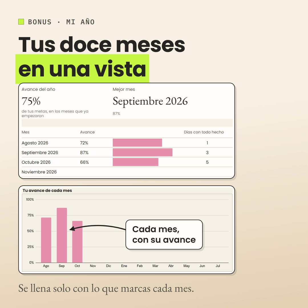 El bonus Mi año: el avance del año, el mejor mes, el avance de cada mes con sus días con todo hecho y una gráfica de barras por mes.
