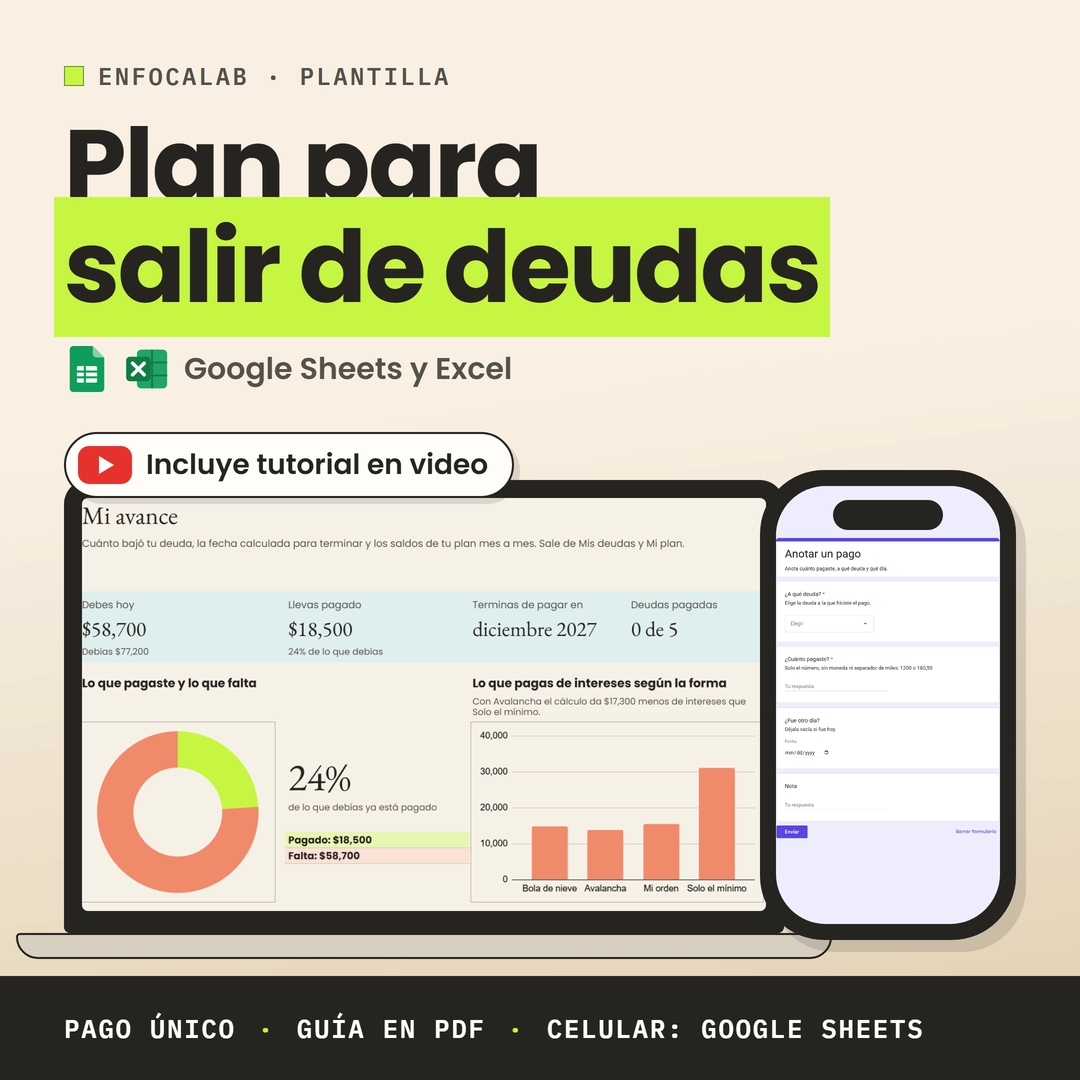 Plan para salir de deudas: Mi avance en una laptop y el formulario «Anotar un pago» en un celular.
