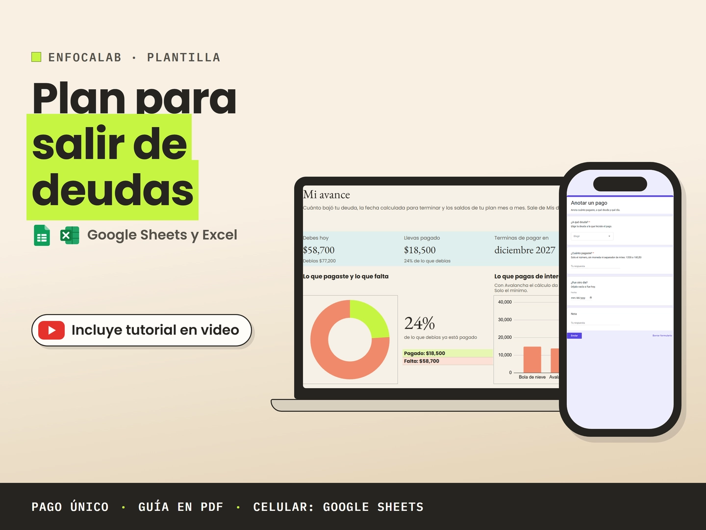 Plan para salir de deudas: Mi avance en una laptop y el formulario «Anotar un pago» en un celular.