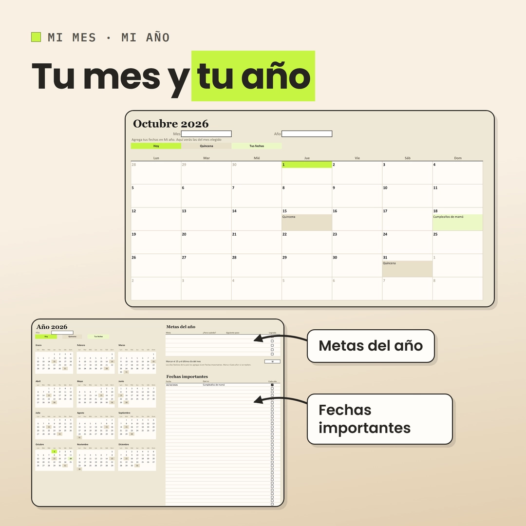 Las pestañas Mi mes y Mi año, con las metas del año y las fechas importantes