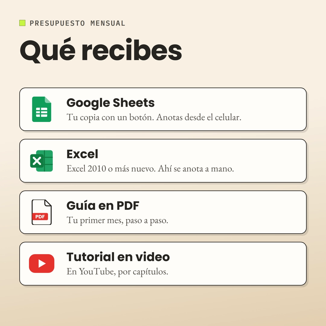 Qué recibes: la hoja en Google Sheets, la misma hoja en Excel, la guía en PDF y el tutorial en video.
