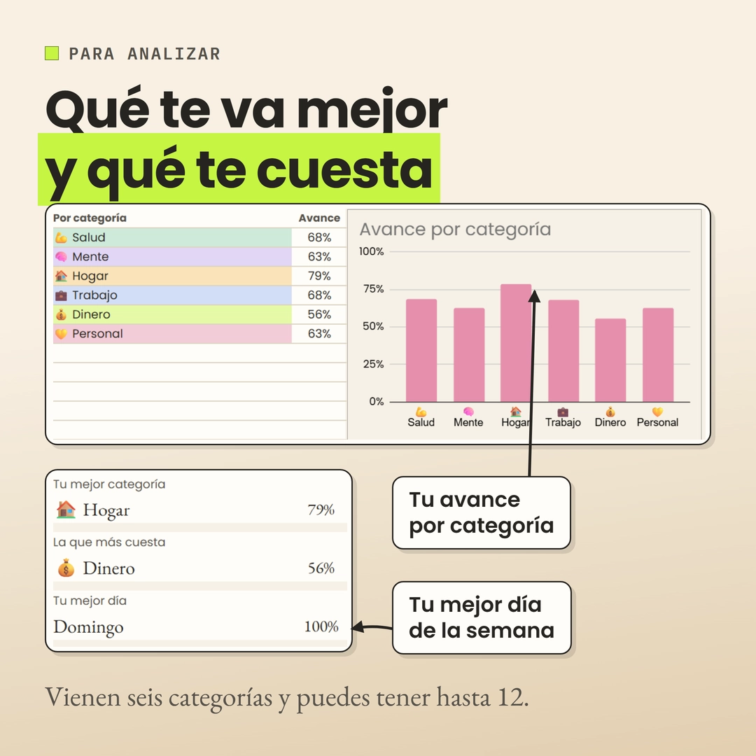 Para analizar: el avance de cada categoría en una tabla y en barras, y las tarjetas Tu mejor categoría, La que más cuesta y Tu mejor día.
