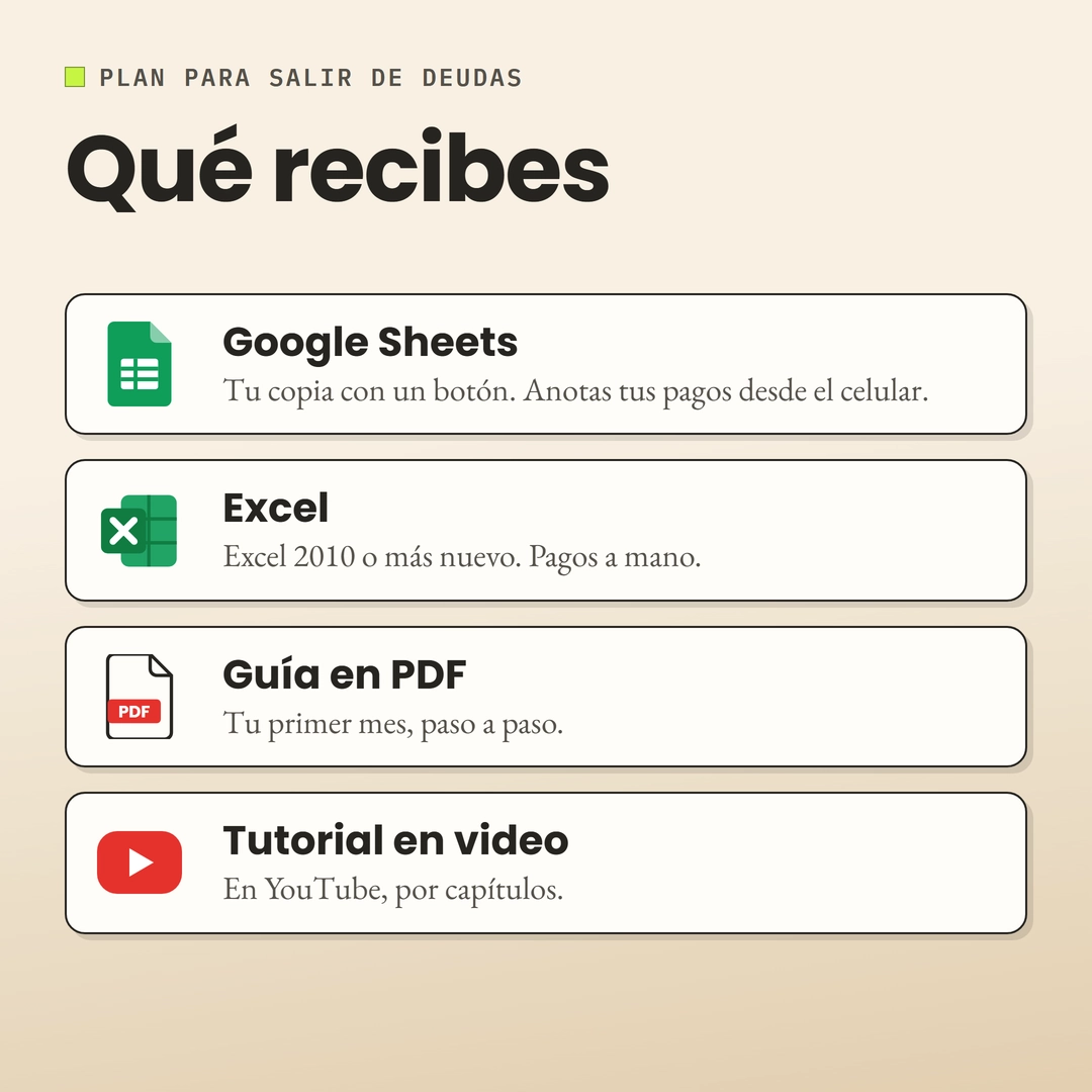 Qué recibes: la hoja en Google Sheets, la misma hoja en Excel, la guía en PDF y el tutorial en video.