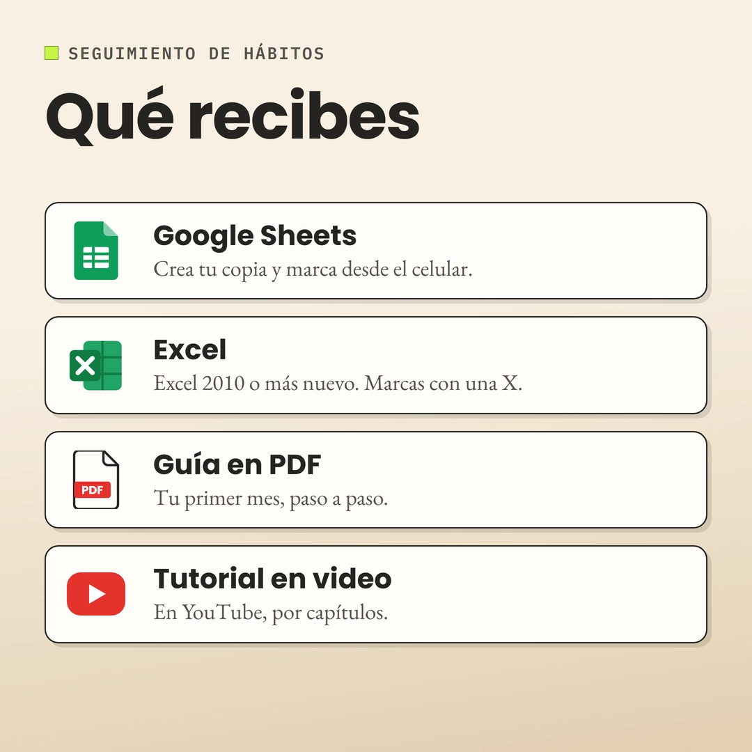 Qué recibes: la hoja en Google Sheets, la misma hoja en Excel, la guía en PDF y el tutorial en video.