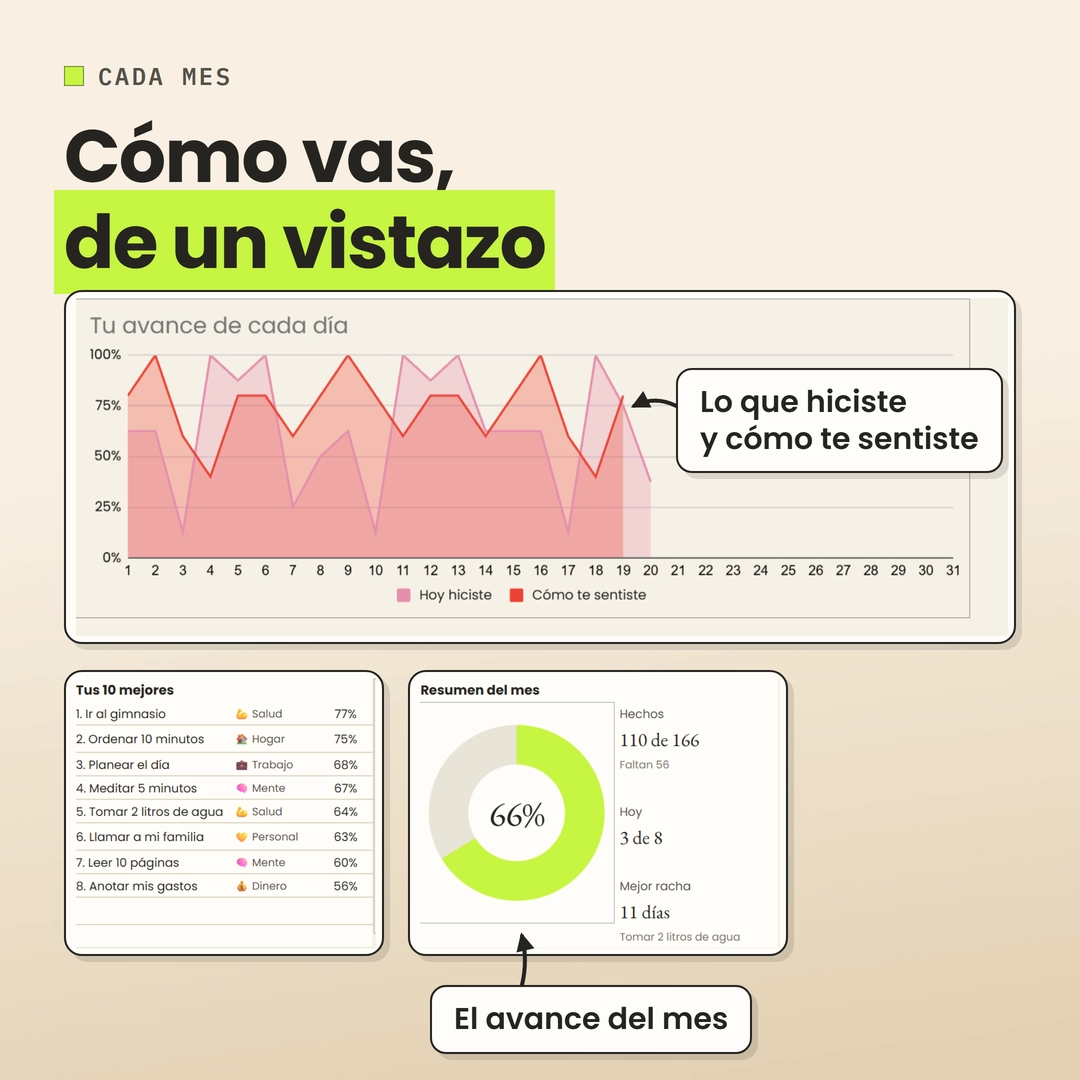 Mes de ejemplo: la gráfica «Tu avance de cada día», «Tus 10 mejores» y el «Resumen del mes», con un anillo del 66 %.